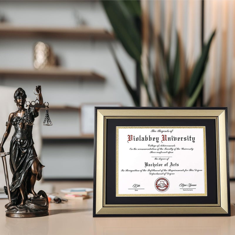 VIOLABBEY 8.5x11 Diploma Frame Light Gold, 8.5 x 11 Certificate Frame with Mat or 11x14 College Degree Frames without Mat, Wall or Tabletop Display, Tempered glass (Matte Black Gold Double Mat) - Image 2